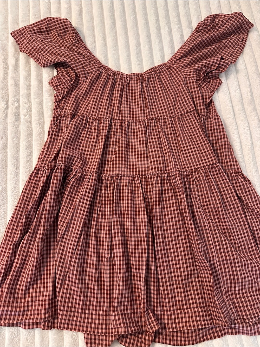 Old Navy Off the Shoulder Gingham Tiered Mini Dress in Rust Plaid - Picture 8 of 8